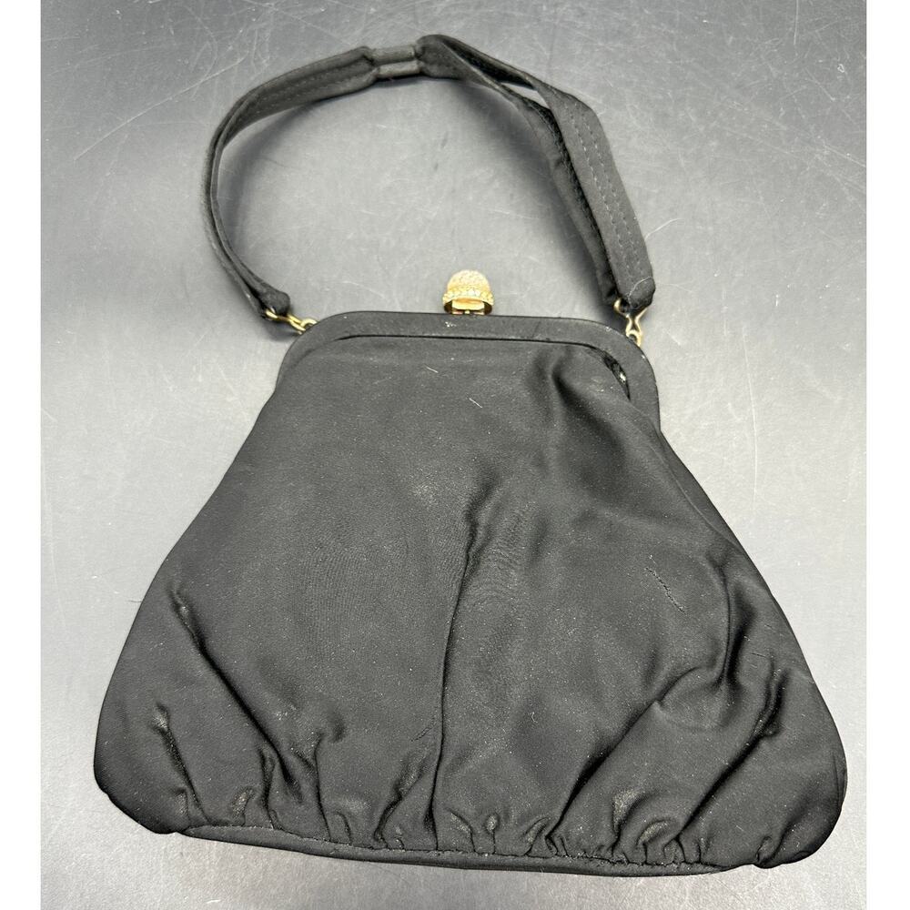 Vintage Black Satin Evening‎ Bag Rhinestone Kiss Lock Clasp Handbag Mid Century